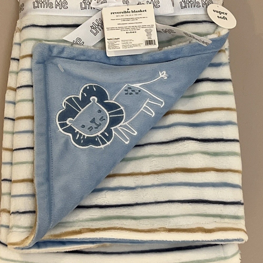 Little Me Baby Blanket Embroidered Lion Blue Reversible Stripes Soft Plush New